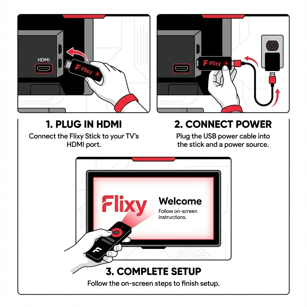 Step-by-step visual setup guide illustrating HDMI insertion and power connection
